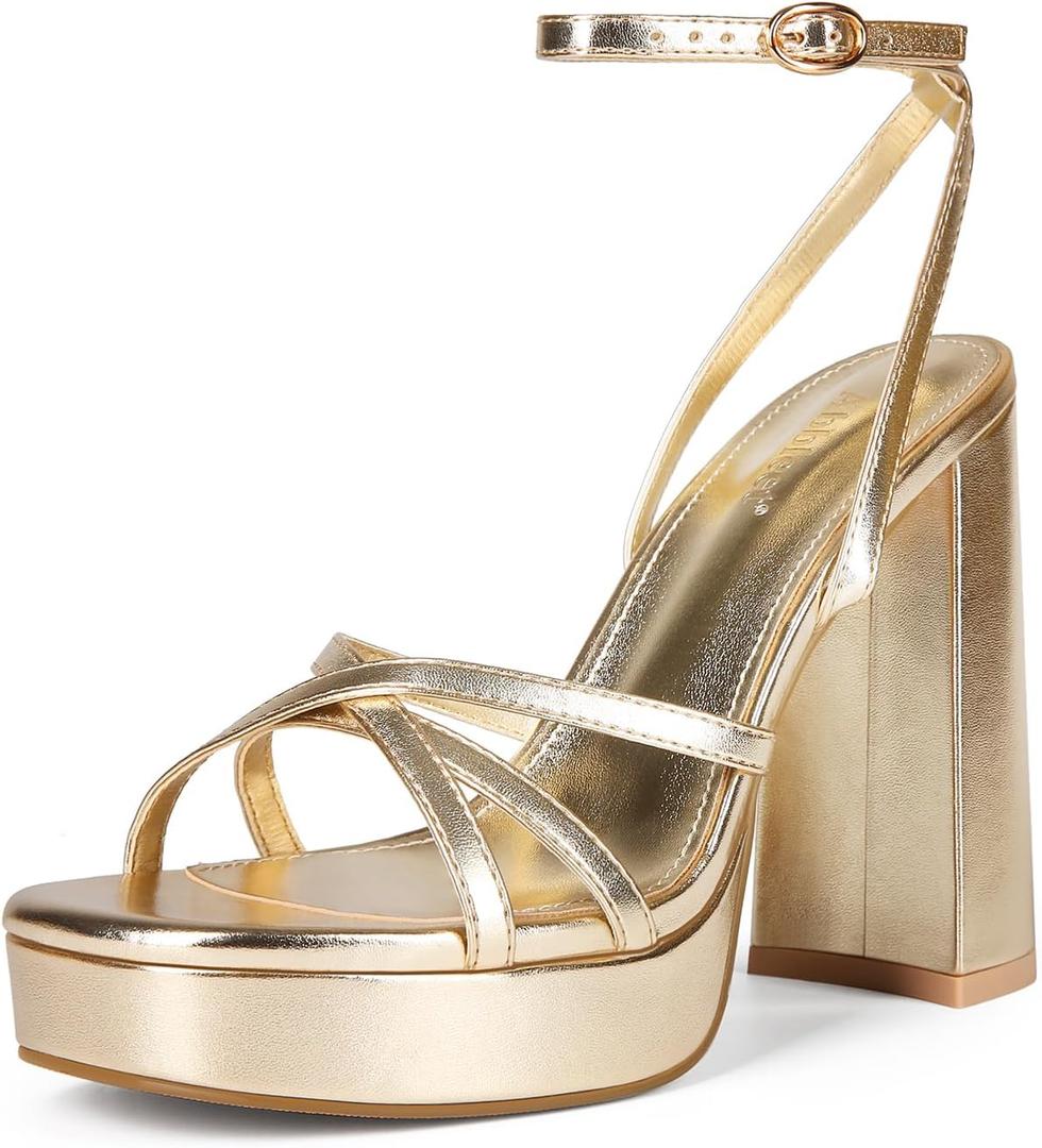 Platform Heels for Women Strappy Block Chunky High Heels Open Toe Ankle Strap Sandals Fashion Lace Up Wedding Party Evening Prom Dance Dress Shoes (6.5, Glod-25new)