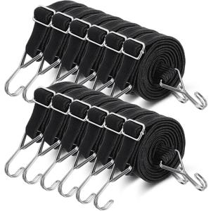 12 Pcs Adjustable Flat Bungee Cords with Hooks, 78" Long Flat Heavy Duty Latex Straps with Length Adjustment Metal Buckle, for Outdoor, Camping, Tarps, Bike Rack, Truck, Moving Heavy Duty Cargo (Black