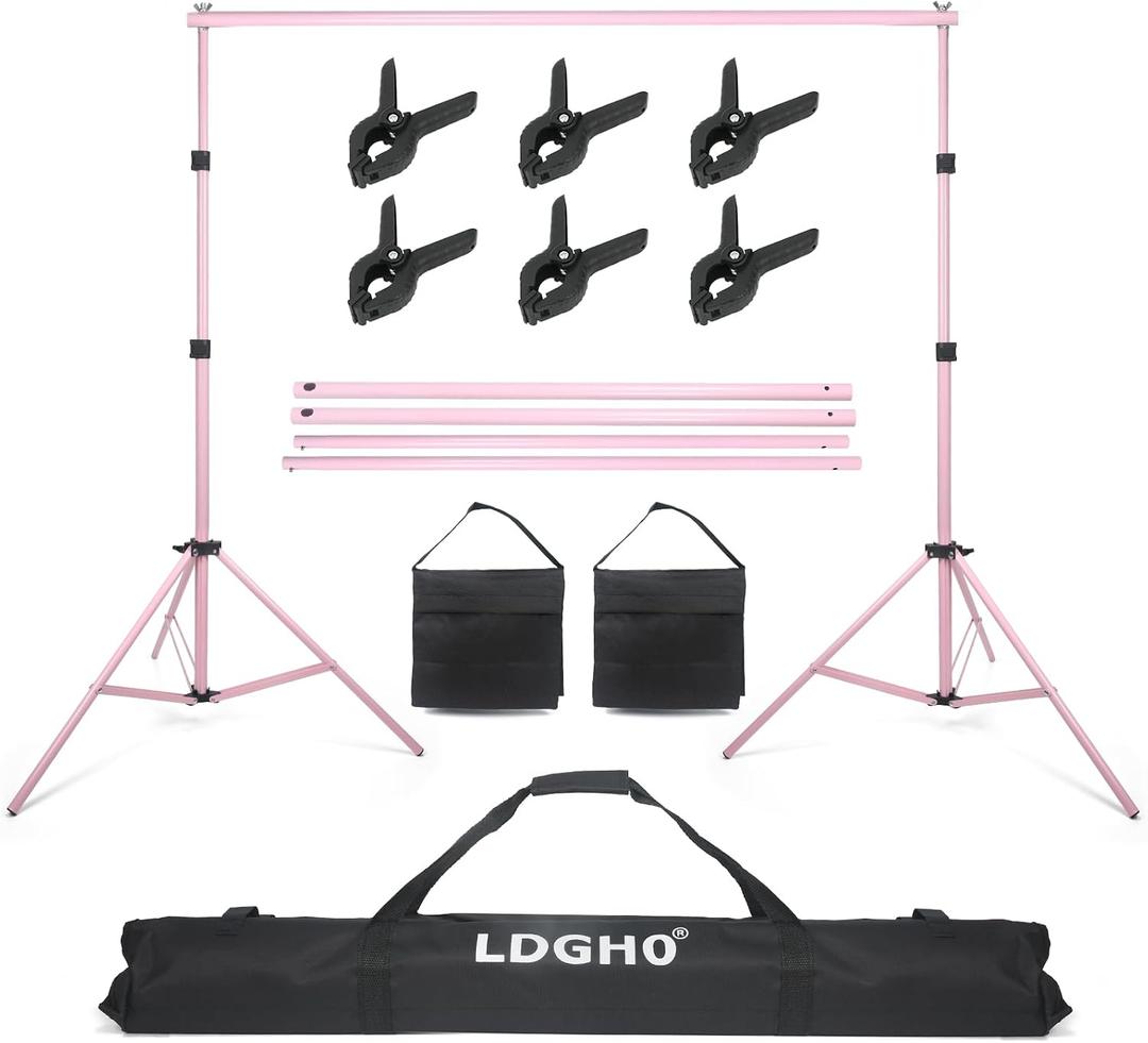 Backdrop Stand 10x7ft(WxH) Photo Studio Adjustable Background Stand Support kit with 2 Crossbars, 6 Clamps, 2 Sandbags and Carry Bag for Parties, Events Decoration, Wedding, Photography (Pink)