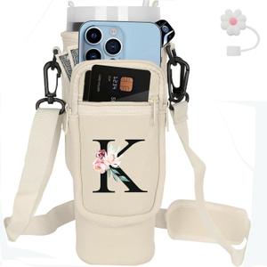 Water Bottle Carrier with Strap for Stanley 40 oz Tumbler,Personalized Initial ID Name Stanley Bag with Phone Pocket, Adjustable Strap, Stanley Cup Accessories (Cream)