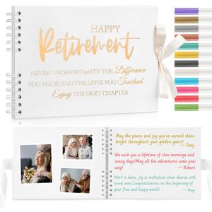 Gilprop 2026 Happy Retirement Guest Book with 12 Basics Colored Markers 12'' x 8'' Retirement Party Decorations Gold Foil Hardcover Scrapbook Photo Album Colleague Friend Ready to Retire Gifts(White)