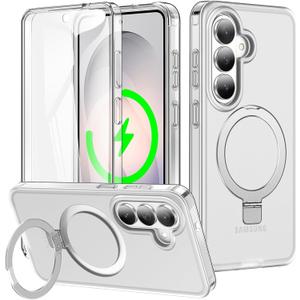 for Samsung Galaxy S26 Case with Magnetic Invisible Stand[Compatible with MagSafe] with Screen Protector Dual Layer Full Body Military Shockproof Translucent Phone Cover-White
