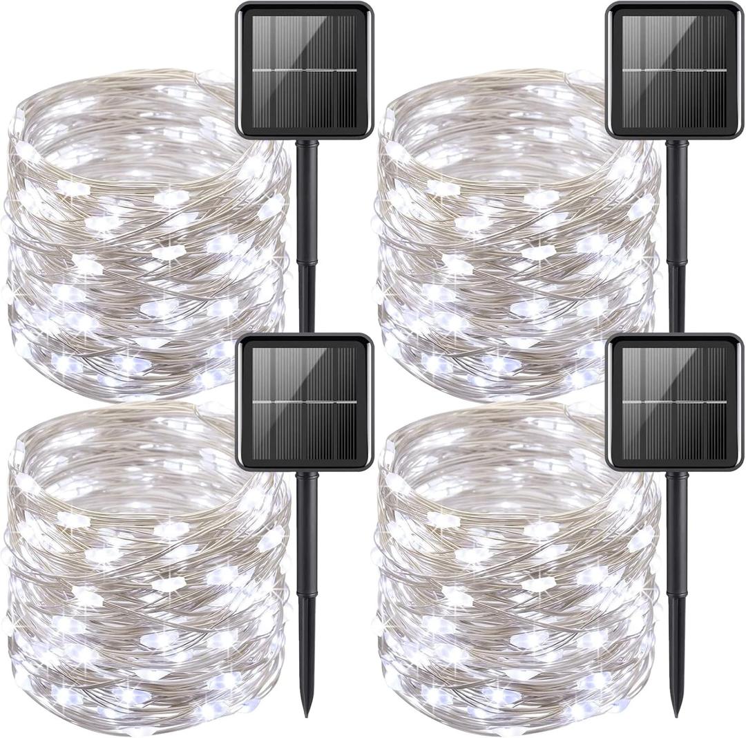 YEGUO 4 Pack White Solar Fairy Lights, Each 33ft 100 LED Christmas Lights Outdoor Waterproof, 8 Modes Sliver Wire Solar String Lights