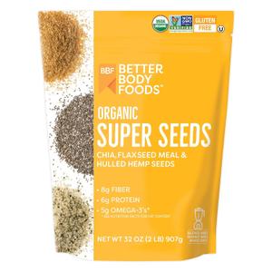 BetterBody Foods Superfood Organic Super Seeds - Chia Flax & Hemp Seeds, Blend of Organic Milled Flax Seed Organic Hemp Hearts, Add to Smoothies Shakes & More, 2lb, 32 oz, Best By 08/28/2025