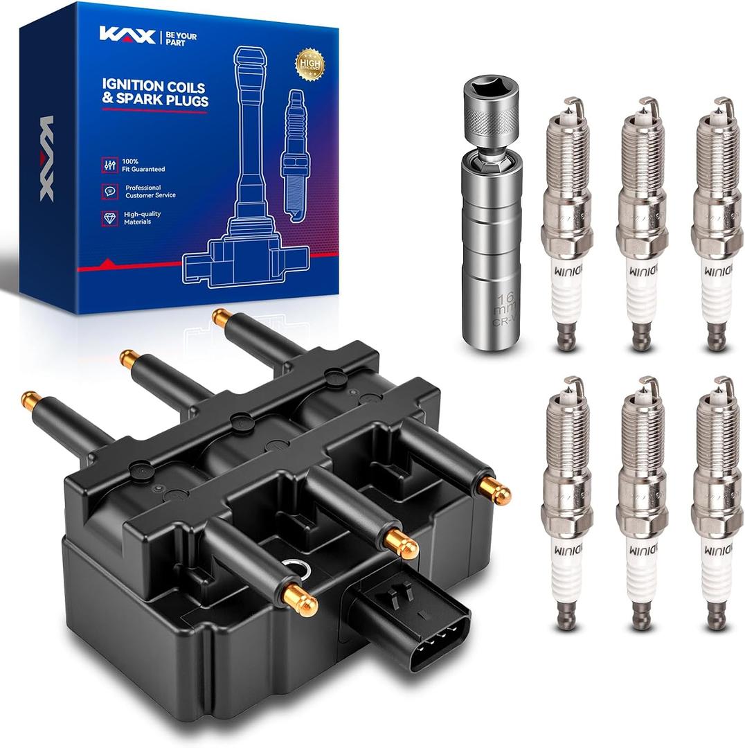 KAX Ignition Coil and 6Pcs Iridium Spark Plugs Kit w/Magnetic Socket for 2001-2010 Grand Caravan, Town & Country, Caravan 3.3L 2007-2011 Wrangler 2001-2003 Voyager, Replace#UF305, 3381