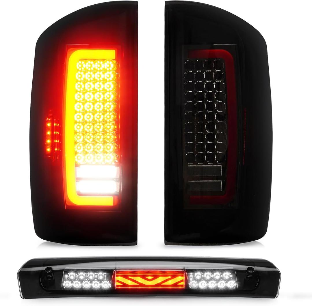 Tresound Tail Light + 3rd Brake Cargo Lamp for 2007 2008 Dodge Ram 1500, 2007 2008 2009 Ram 2500 3500, Third High Mount Stop Light Rear LED Taillight Assembly, 55277302AC 55277303AC