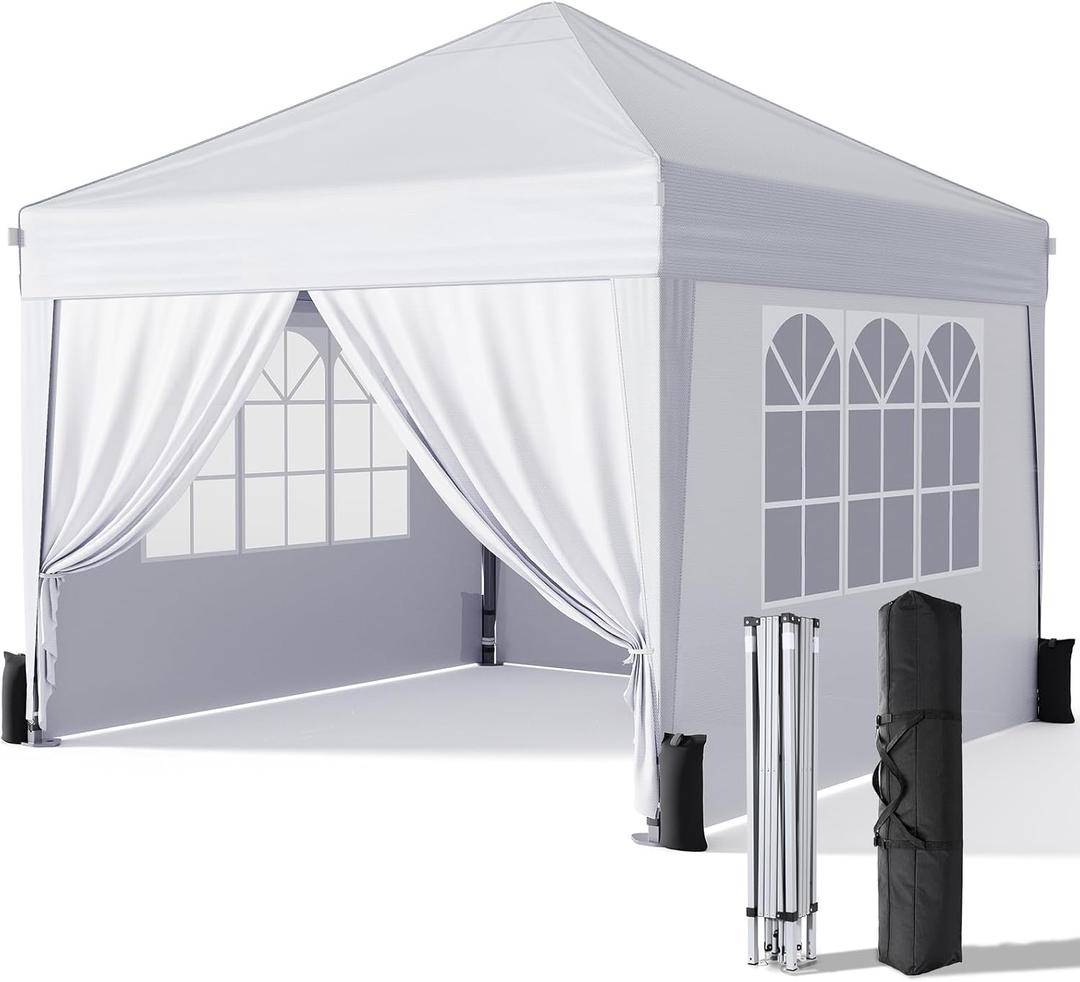 Driftalia 10x10 Pop Up Canopy with Sidewalls, Outdoor Instant Canopy Tent with Carry Bag for Commercial Events, Camping, Backyard Parties - White, 100 square feet