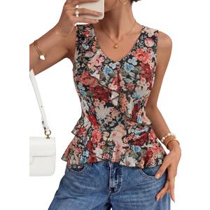 ZESICA Women's Summer Going Out Tops Sleeveless V Neck Floral Y2K Shirts (Black, M)