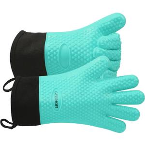 GEEKHOM BBQ Gloves Heat Resistant Oven Mitts - Silicone Grilling Gloves with 13.7" Arm Protection - Waterproof Pot Holder Non-Slip for Men & Women, Kitchen Outdoor Cooking, Baking, Camping, Turquoise (One Size Fits Most)
