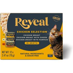 Reveal Natural Wet Canned Cat Food, 3-Flavor Variety Pack, Limited Ingredient, Grain Free, High Protein with No Artificial Additives, Chicken Variety in Broth, (12x 2.47 oz Cans) (EXP 12/11/29)
