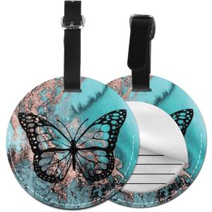 Luggage Tag Black Butterfly Teal Rose Gold Marble, Pu Leather Bag Travel Suitcases Id Identifier Baggage Label for Women Men Boys Girls