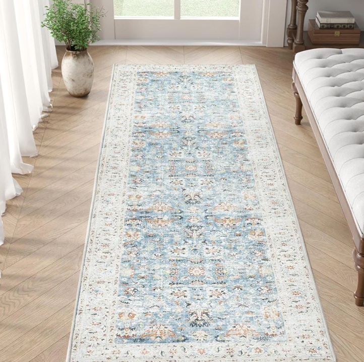 jinchan Runner Rug 2x6 - Hallway Rug Kitchen Washable Runner Vintage Floral Boho Lightweight Thin Non-Slip Retro Distressed Carpet for Entryway Bathroom Bedroom Laundry Room Light Blu
