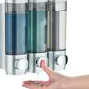 Shampoo and Conditioner Dispenser, Pollock Shower Soap Dispenser 3 Chamber No Drill, Wall Mounted Shampoo Body Wash Conditioner for Bathroom Large Capacity Silver