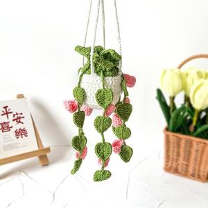 2 x Crochet Hanging Plant for Car, Cute Car Plant Accessories, Knitted Plant Car Mirror Hanger, Boho Car Plant Crochet Hanging Basket (C)