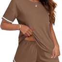 Ekouaer Pajama for Women Sets 2 Piece Ribbed Knit Lounge Sets Pjs Shorts Summer Short Sleeve Sleepwear with Pockets, L