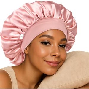 YANIBEST Silk Bonnet for Sleeping Women, Double Layer Hair Satin Bonnets with Elastic Band, Sleep Cap Curly Natural Hair (One Size, Pink)