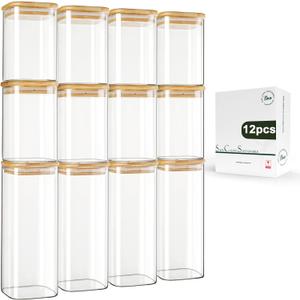 LIBWYS 12-Pack Square Glass Storage Jars with Bamboo Lids (0.6Qt/1.06Qt) - Stackable Food Containers for Pantry Organization, Coffee, Flour, Snacks, Tea | Kitchen Canisters Set