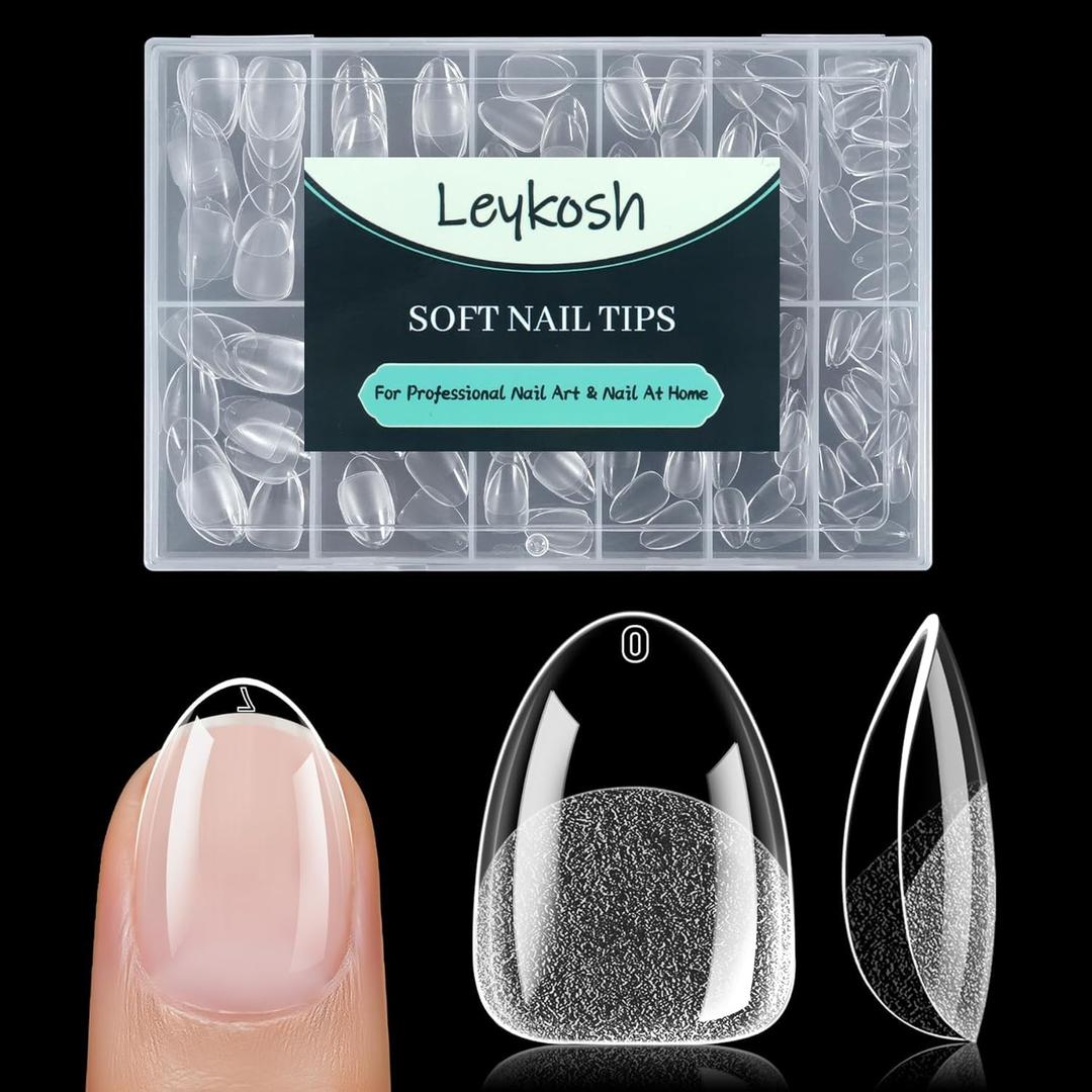 LEYKOSH Extra Short Almond Nail Tips - 216pcs Soft Gel Full Cover Fake Nails, 70-Grit Pre-Sanded Matte Clear Press on Nails for Extension, DIY Home Manicure with 12 Sizes