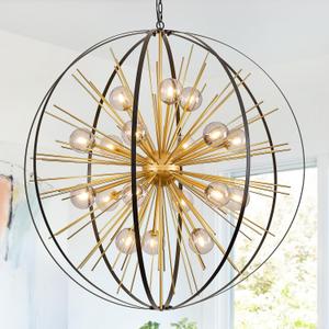 43.2" Modern Huge Black Gold Sputnik Chandelier Mid Century 18 Lights Tall Ceiling Firework Globe Pendant Light with Smoke Class Lampshades for Foyer Staircase Entryway Living Room
