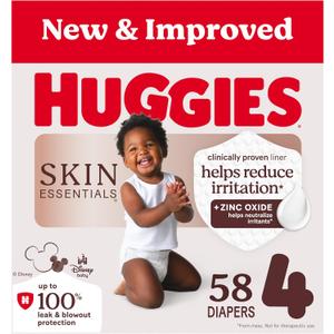 Huggies Size 4 Diapers, Skin Essentials Baby Diapers, Size 4 (22-37 lbs), 58 Count