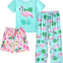 Funnycokid Girls Pajamas 3 Piece Short Sleeve Shirt Top Pants Shorts with Pockets 7-14 Years