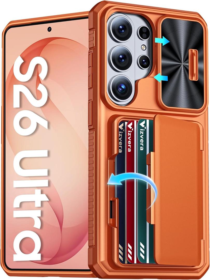 Vizvera for Samsung Galaxy S26 Ultra Case Wallet RFID [Cards Holder][Camera Cover][Edge Raised] Full Body Rugged Shockproof Silicone Phone Case for Galaxy S26 Ultra 6.9" 2026, Spritz Orange