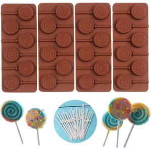 Round Silicone Mold for Lollipop Hard Candy Chocolate Cake Decorating With 24pcs Reusable Sticks Swirl Shape Set of 4