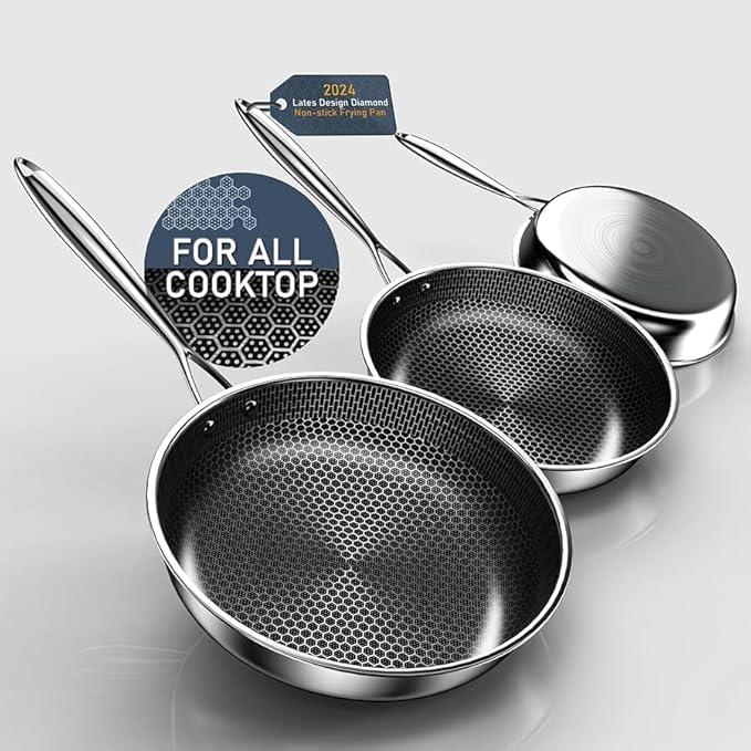 Hybrid Nonstick Frying Pans Set, 10"+11"+12" Frying Pan Skillet 3-Pieces Set, Stay-Cool Handle, PFAS-Free, Dishwasher and Oven-Safe, Suitable for All Types of Cookers, Including Induction (KJ1)