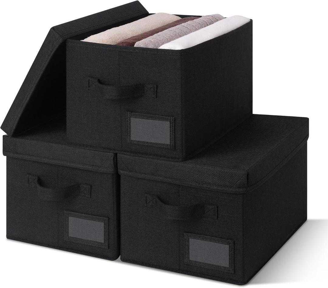 GRANNY SAYS Storage Bins with Lids, Linen Storage Bins for Shelves, Decorative Storage Boxes, Clothes Storage and Organization, Storage Boxes for Organizing, 3-Pack, Black (Medium)