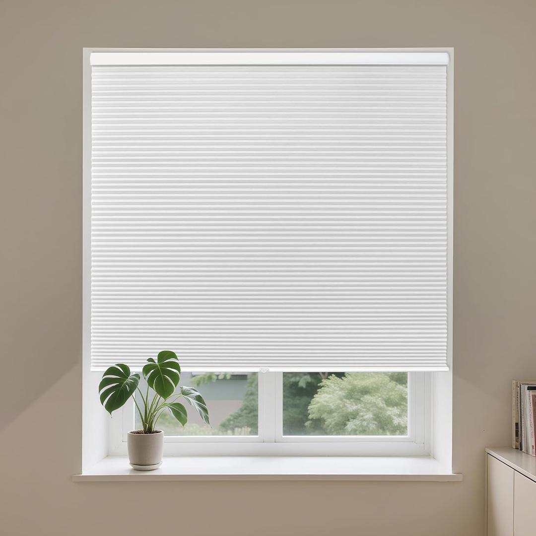 Allesin Cordless Blackout Cellular Shades, Honeycomb Blinds for Windows, Thermal Insulated & Noise Dampening, Room Darkening Window Coverings for Bedroom & Nursery, White, 29" W x 64" H
