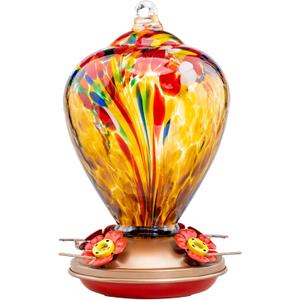 Hummingbird Feeder, 34OZ Hand Blown Glass Hummingbird Feeders for Outdoors Hanging, 4 Feeding Perch with Ant Moat Leakproof, Garden Yard Decor Gifts for Women Mom (Golden Balloon)