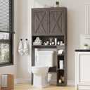 Over The Toilet Storage Cabinet, Farmhouse Storage Cabinet Bathroom Organizers with Barn Door Home Space-Saving Toilet Rack with Anti-Tip Device & Adjustable Shelf (The Door is Above, Rustic Grey)