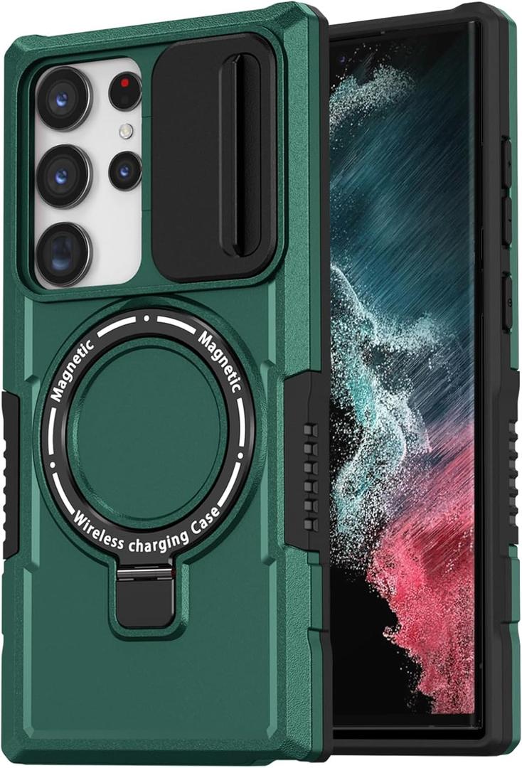 for Samsung Galaxy S22 Ultra Magnetic Case [Compatible with MagSafe] with Camera Cover & Magnetic Ring Kickstand, Military Grade Heavy Duty Case for Samsung S22 Ultra, Green