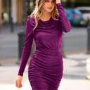 PRETTYGARDEN Women's Fall Bodycon Mini Dress Sparkly Long Sleeve Cowl Neck Ruched Short Club Cocktail Wedding Guest Dresses (Purple, L)