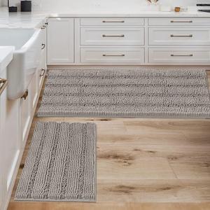Non Slip Thick Shaggy Chenille Bathroom Rug Mat Set Extra Soft and Absorbent Striped Floor Rugs, 2 Piece, Machine-Washable (47" x 17" Plus 17" x 24", Dove)