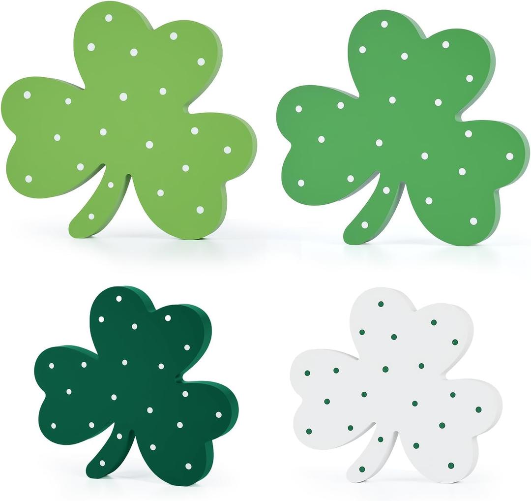 2 x St. Patrick's Day Shamrock Decorations,Wooden Saint Patrick Day Irish Ornament Wood Sign Tiered Tray Decor Set of 4,Green Clover Table Top Decoration for Home, Shelf, Door,Office Party