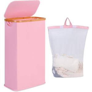 Slim Laundry Hamper, Narrow Laundry Basket with Lid,Foldable Clothes Hamper with Bamboo Handles,Hamper Basket with Removable Inner Bag for Laundry Room Bedroom College Dorm,60L Pink