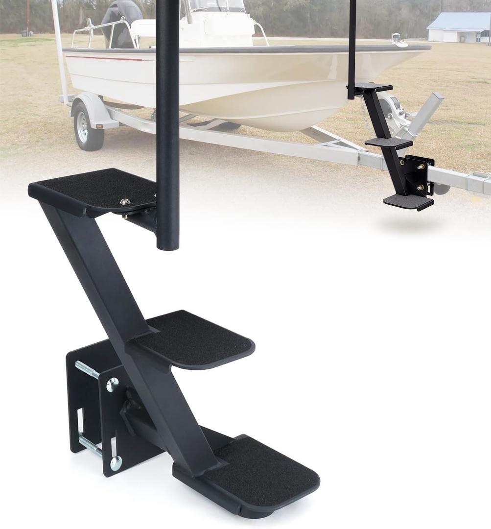 Heavy Duty Boat Trailer Steps with Safety Handle, Non-Slip Surface, Universal Fits for Trailers Tongue Steps, Patent Pending, 3 Steps