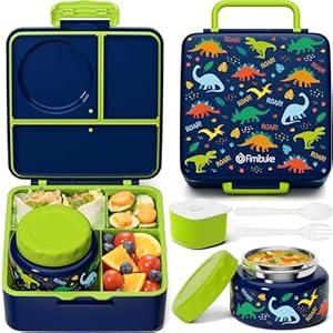 Fimibuke Bento Box for Kids Adult, BPA Free & Leakproof Toddler Lunch Box with 8.5oz Insulated Thermos Food Jar, Utensils & Sauce Jar, Dishwasher Safe 3 or 4 Compartment Container for School Girl Boy