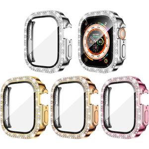 Goton 4-Pack Bling Screen Protector for Apple Watch Ultra Ultra2 2024 49mm Case, Women Glitter Diamond Rhinestone Bumper Cover for iWatch Accessories 49 mm (Silver+Gold+Rose Gold+Pink( Glass))