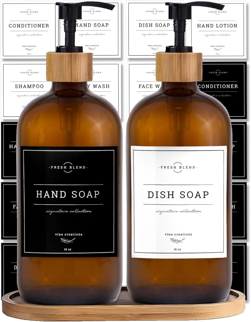Vine Creations Amber Glass Soap Dispenser Set - Kitchen Soap Dispenser Set with Tray - Bamboo Dish Soap and Hand Soap Dispensers Set for Bathroom - Modern Kitchen Decor with Waterproof Labels