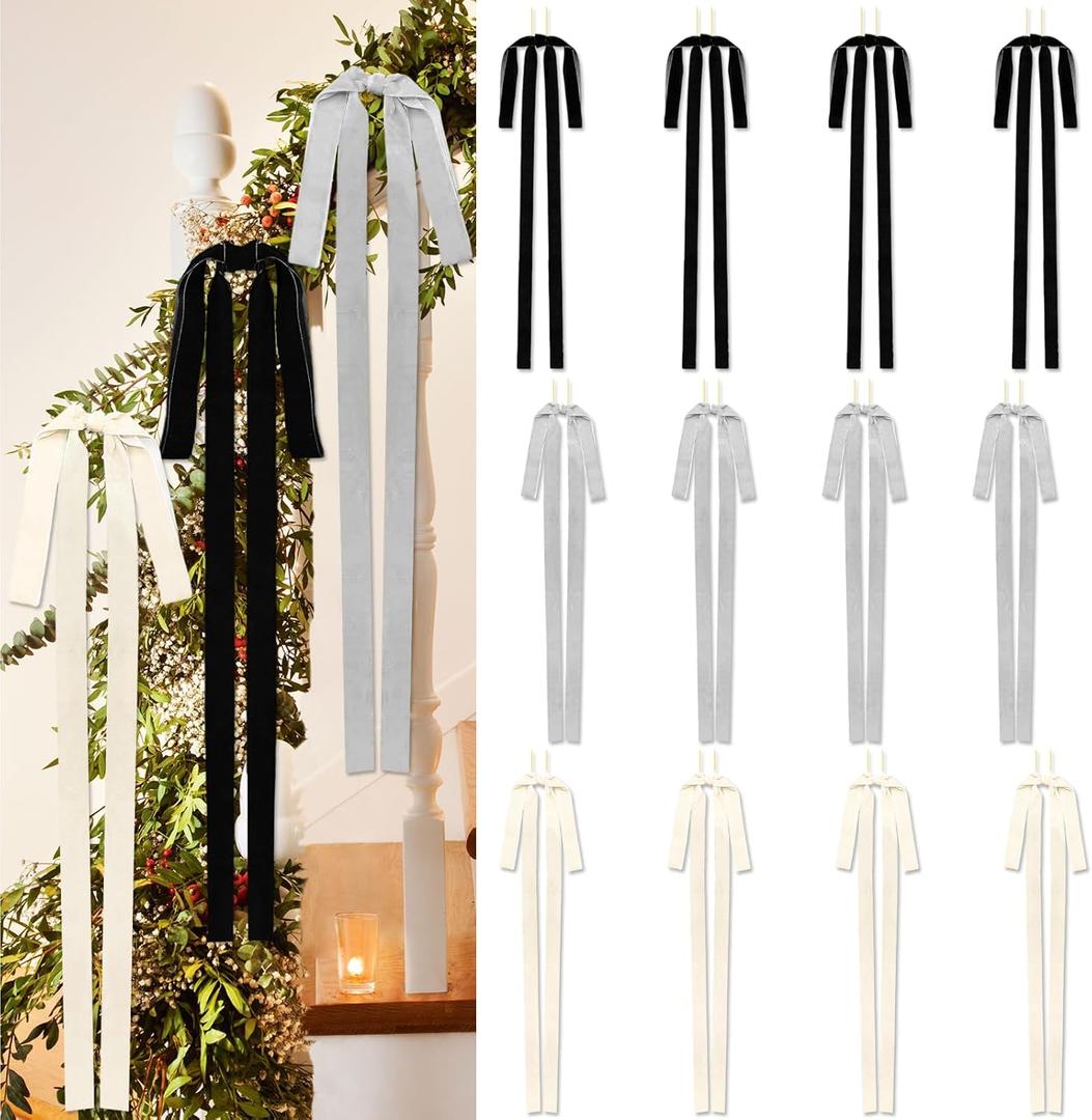 2 x Velvet Bows for Christmas Tree, 23.6x11.8 Inch Large Vintage Velvet Christmas Bows Xmas Tree Door Wreath Staircase Bow Ribbon Decor Indoor Outdoor Xmas Decorations (Mix Color, 12pcs, Style 4)