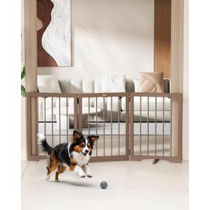 keny Dog Gate Indoor, 3 Panel Freestanding Dog Gates with Support Feet for Stairs, Pet Gates for Doorways Hallways, Foldable Pet Barrier for Puppy Sturdy, 53" L x 24" H, Brown