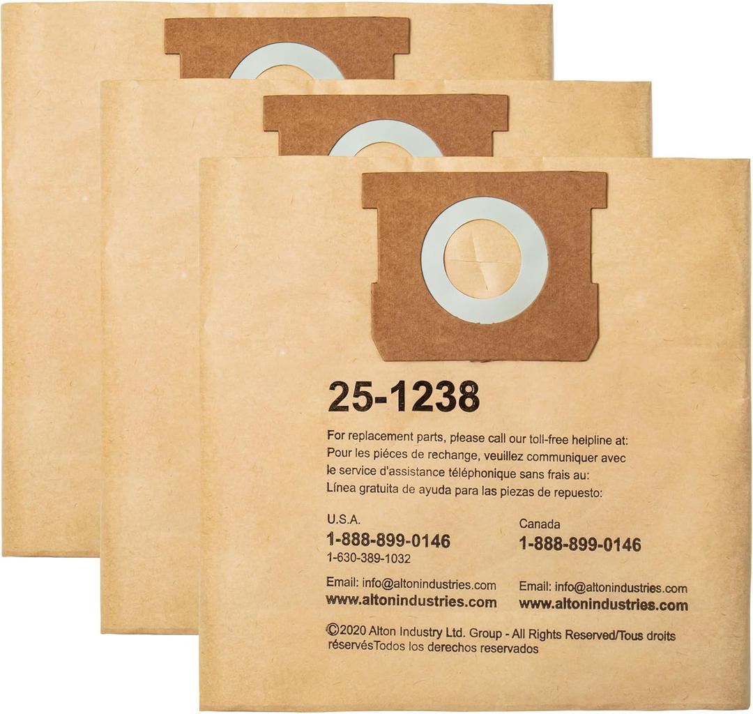 3 Pack ALTON Original Manufacturer Dust Bag AT25-1238, for 4 Gallon Wet/Dry Vacuum, Filter Bag Compatible with Porter-Cable PCX18301-4B and STANLEY SL18301-3B
