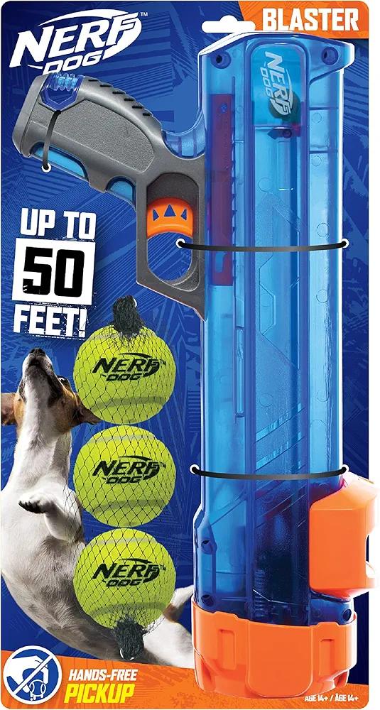 Nerf Dog Tennis Ball Blaster Dog Toy Gift Set, Tennis Ball Dog Fetch Toy Launches up to 50 ft, Dog Ball Thrower for All Breeds Includes Translucent Blue Tennis Ball Launcher and 3 Dog Tennis Balls