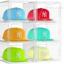 6 Pack Hat Organizer Box, Stackable Clear Baseball Caps Holder Box Containers with Magnetic Door for Hats Snapback Cap Storag, Hat Rack Display Case, Holds 8 Hats Each (Clear)
