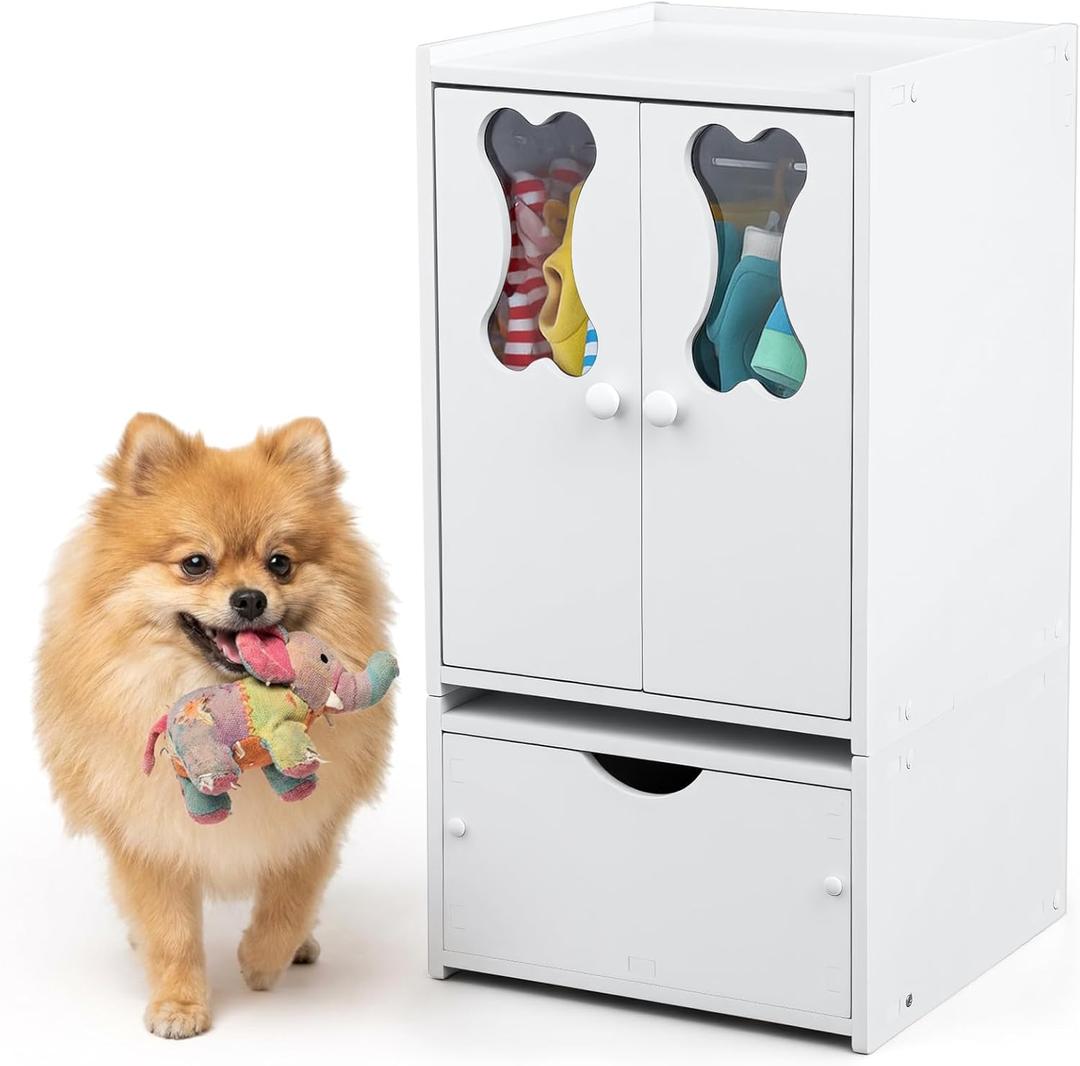 22.84 x 12.99 x 12.6 Inch Pet Wardrobe Closet Dog Toy Clothes Storage Organizer with Doors and Telescopic Hanging Rod Combinable Drawers Closet Rack for Small Dog Cat Toys Clothes Accessories
