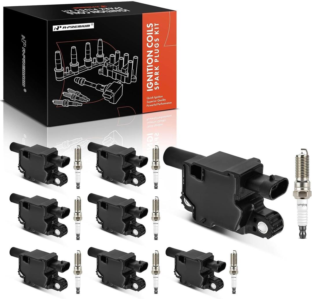 A-Premium Set of 8 Ignition Coil Pack and Iridium Spark Plugs Compatible with Chevrolet Silverado, Tahoe, Camaro, Suburban, Corvette & GMC Sierra, Yukon & Cadillac Escalade, CTS