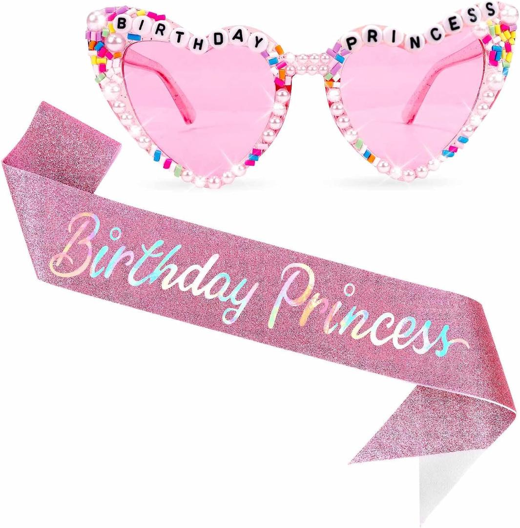 Birthday Girl Sash & Glasses Set - 'Birthday Princess' Pink Heart Shaped Sash & Glasses for Girls