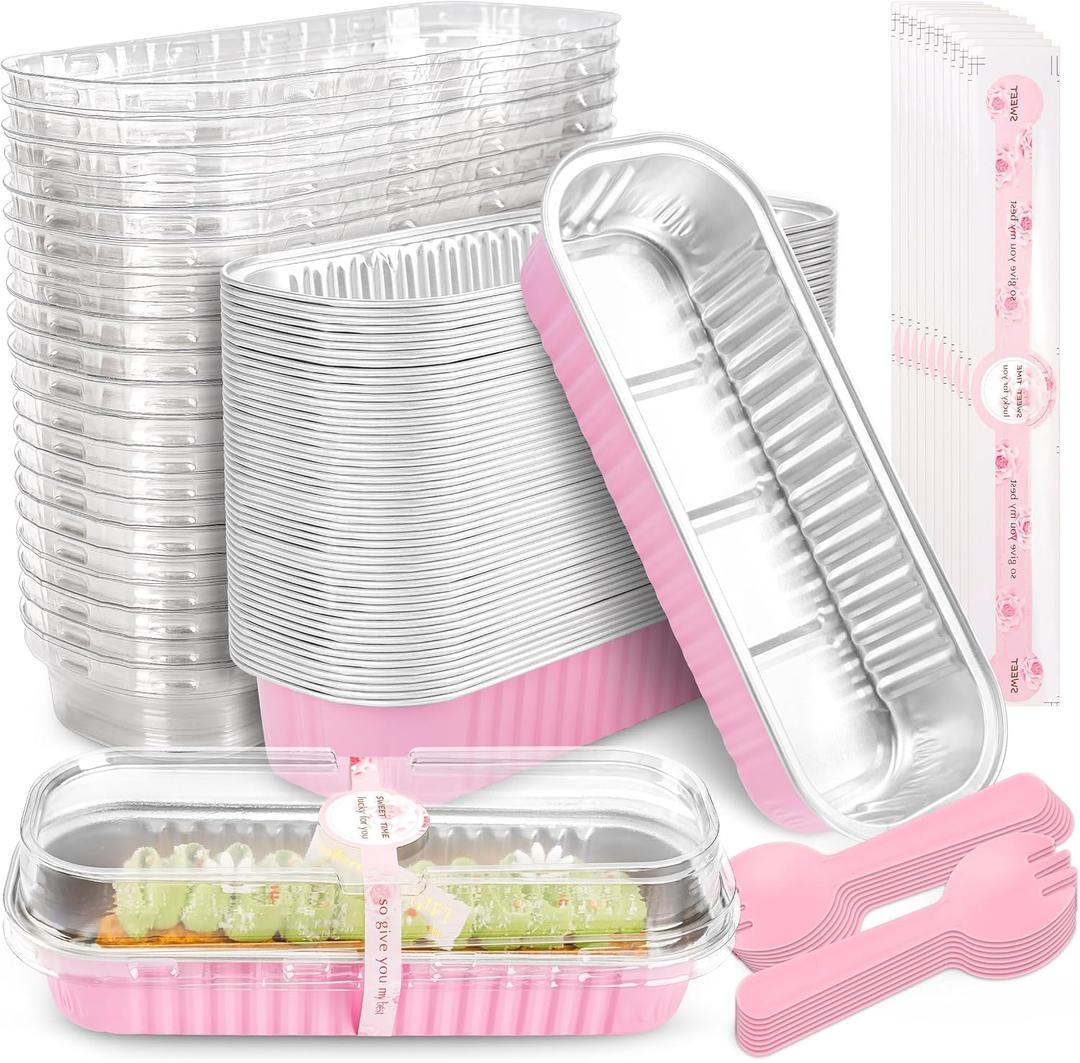 50 PACK Mini Cake Pans with Lids and Spoons, Rectangular Aluminum Foil Bread Pan, Mini Loaf Pans and Food Containers with Lids(Pink,6.8oz)